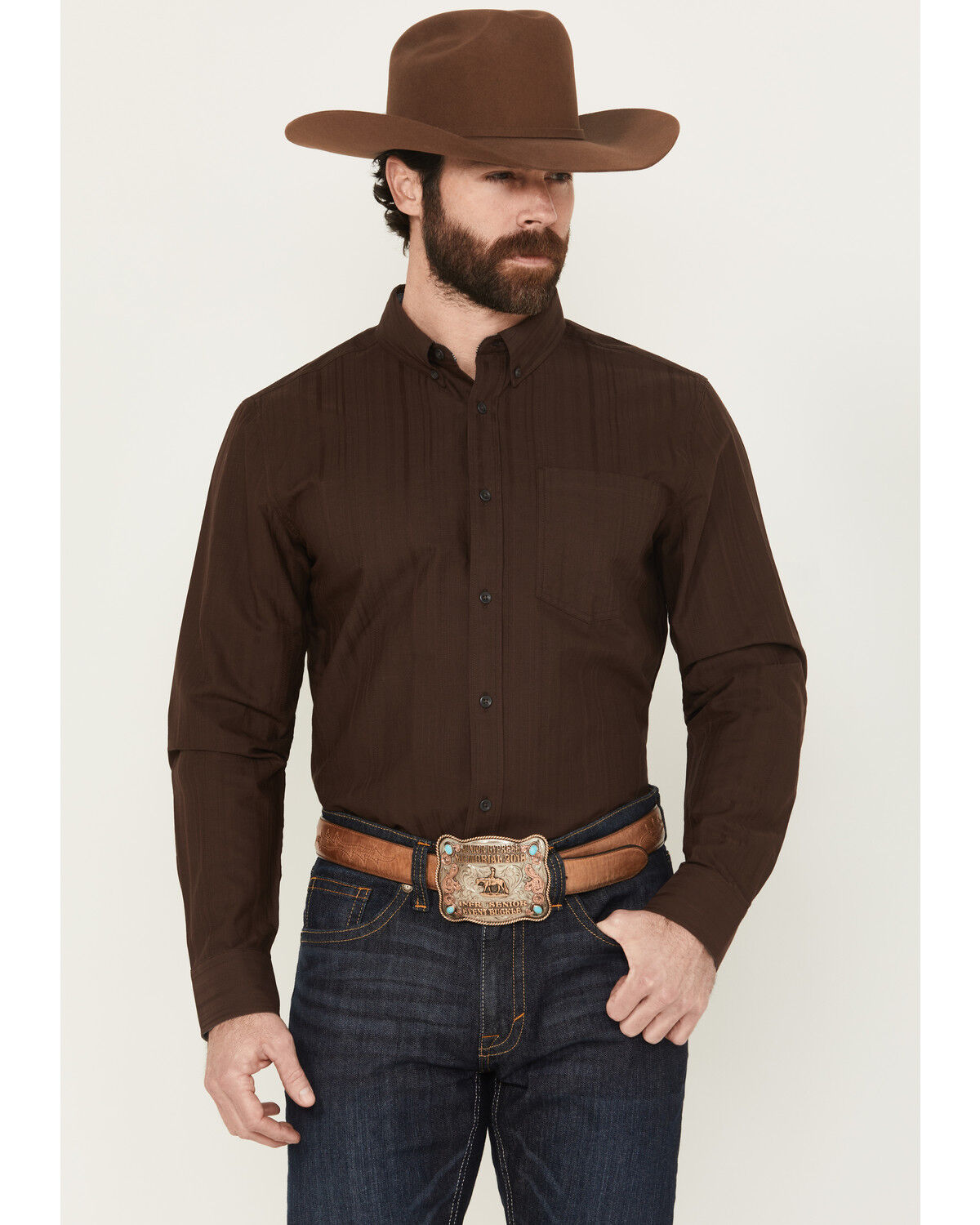 Image #1 - Cody James Men's Old West Tonal Striped Print Long Sleeve Button-Down Western Shirt, Dark Brown, hi-res