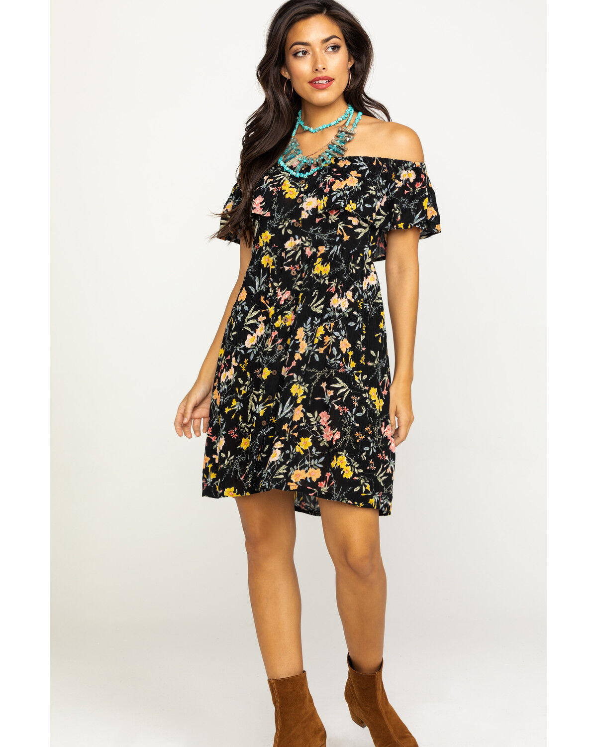 black floral off the shoulder dress