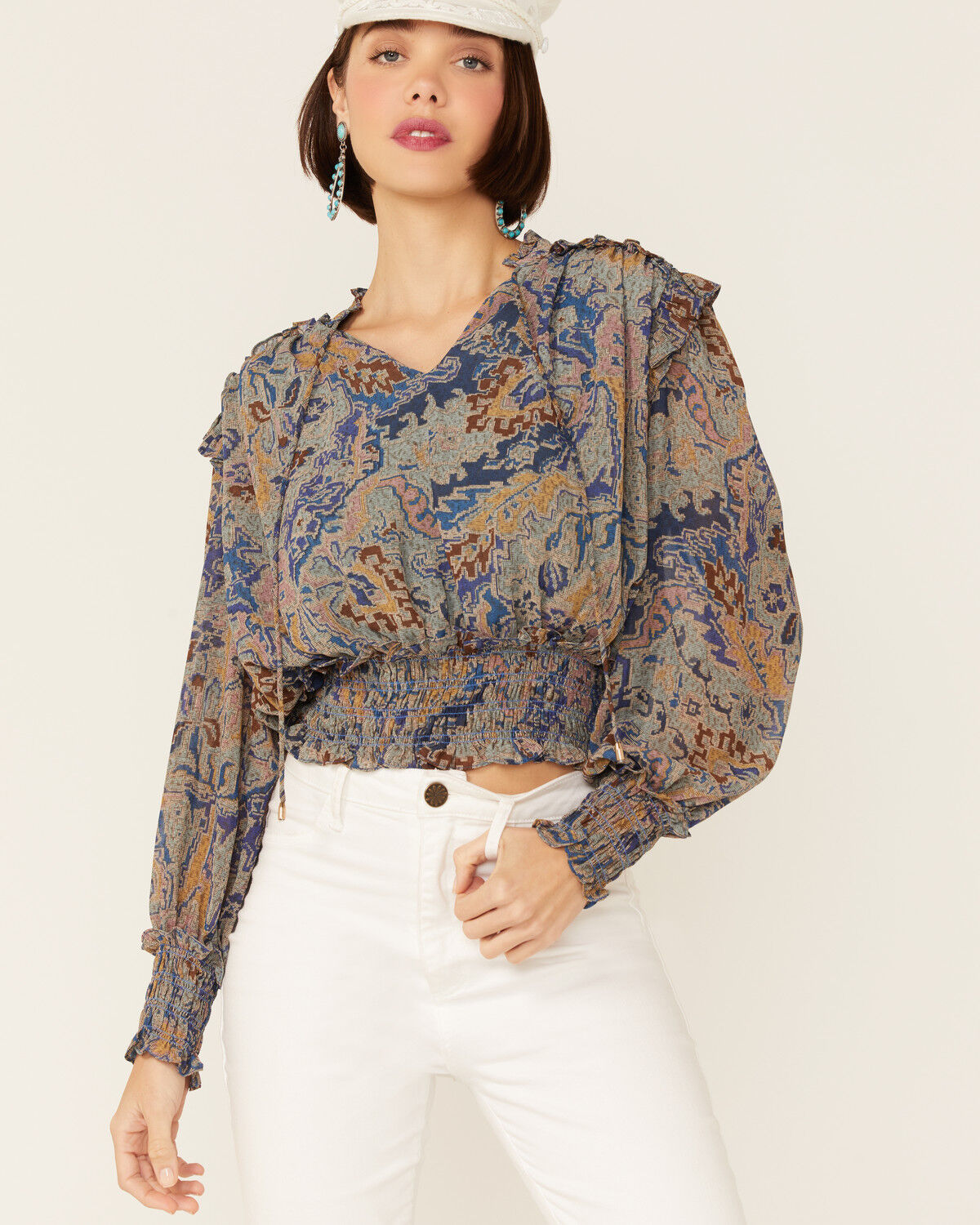 Image #1 - Revel Women's Tapestry Print Smocked Long Sleeve Top, Blue, hi-res