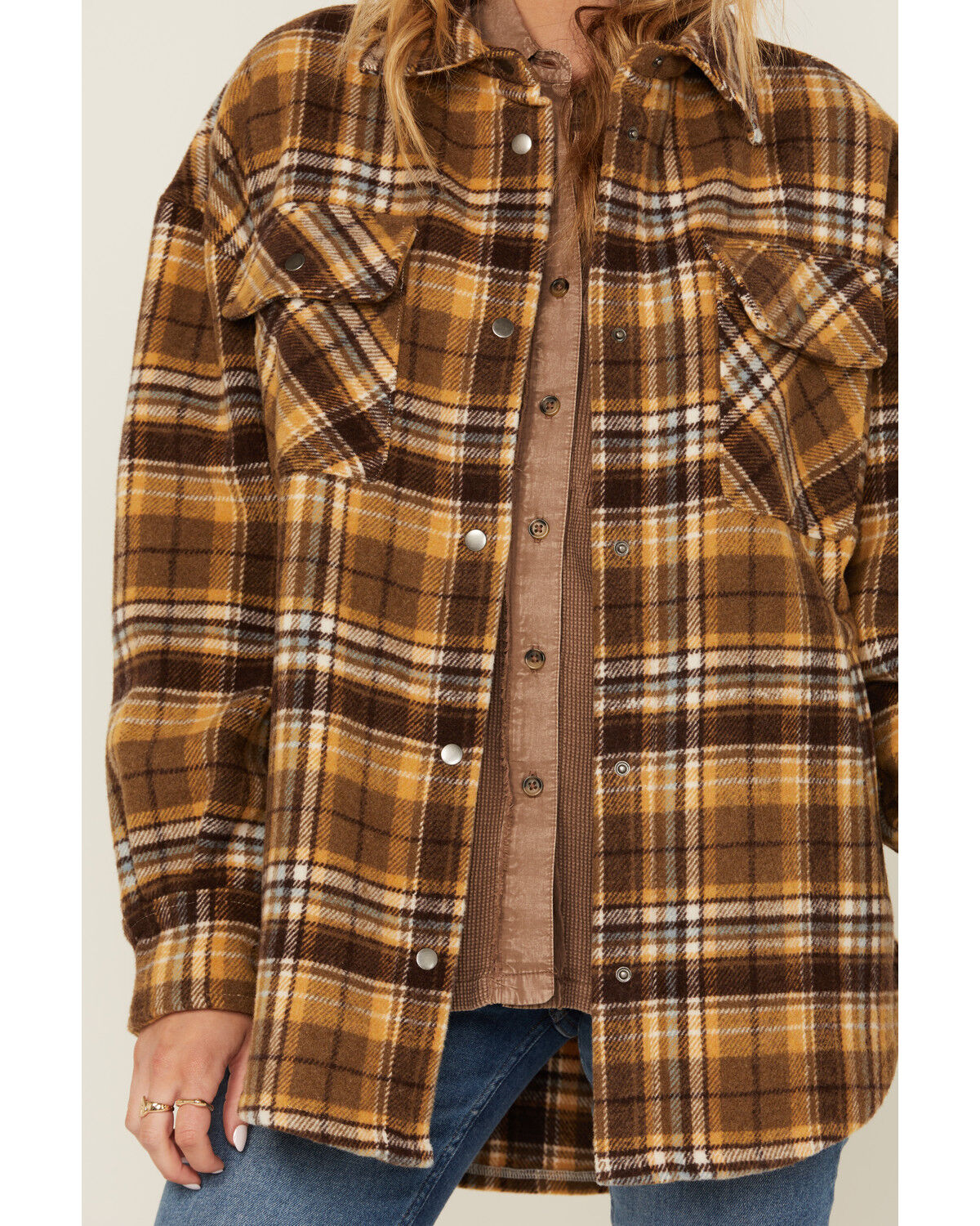 Image #4 - Fornia Women's Plaid Print Shacket, Yellow, hi-res