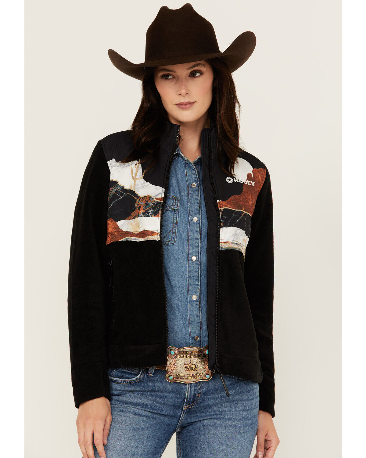 Image #1 - Hooey Women's Landscape Print Tech Fleece Jacket, Black, hi-res