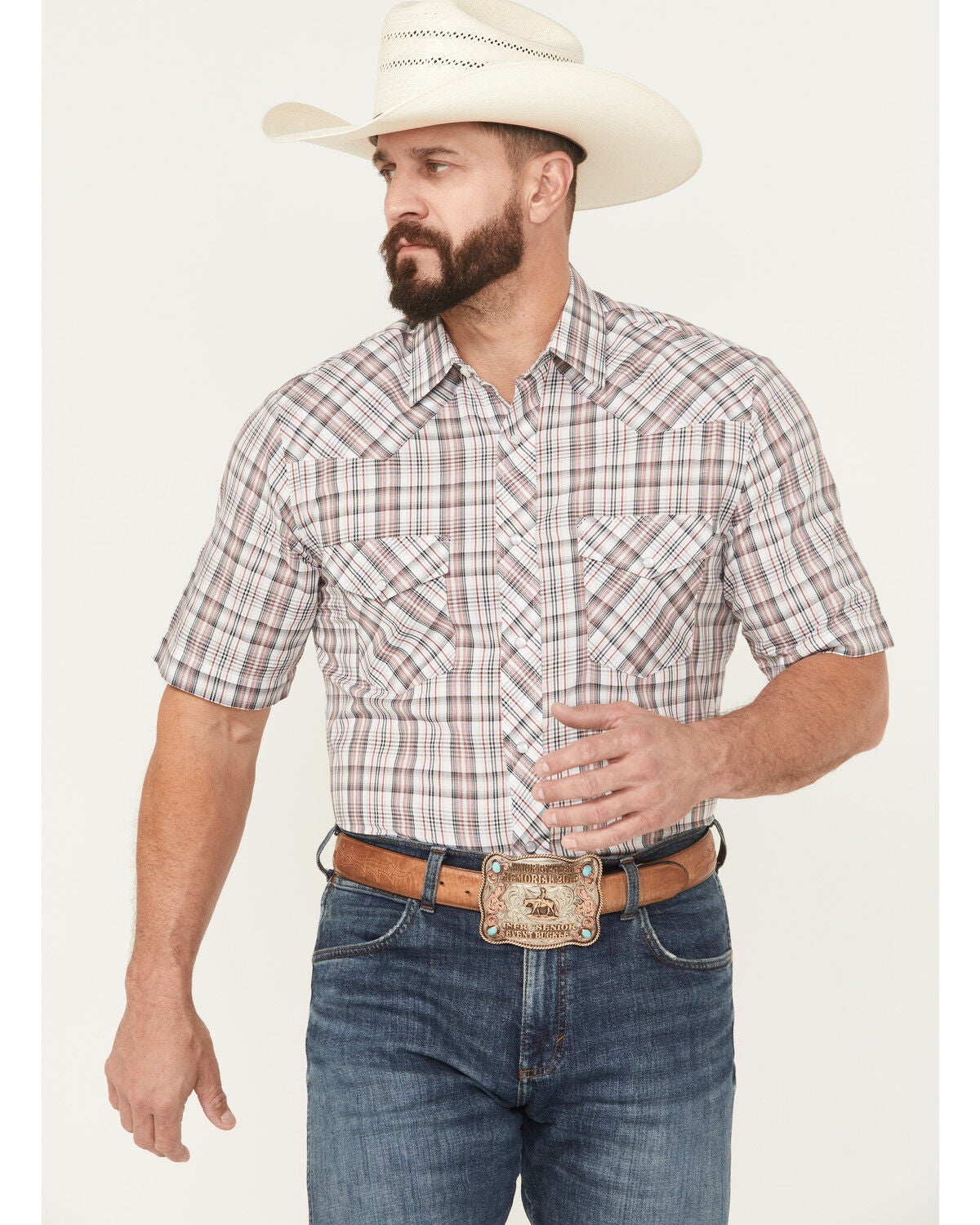 Roper Men's Plaid Print Short Sleeve Snap Stretch Western Shirt, White, hi-res