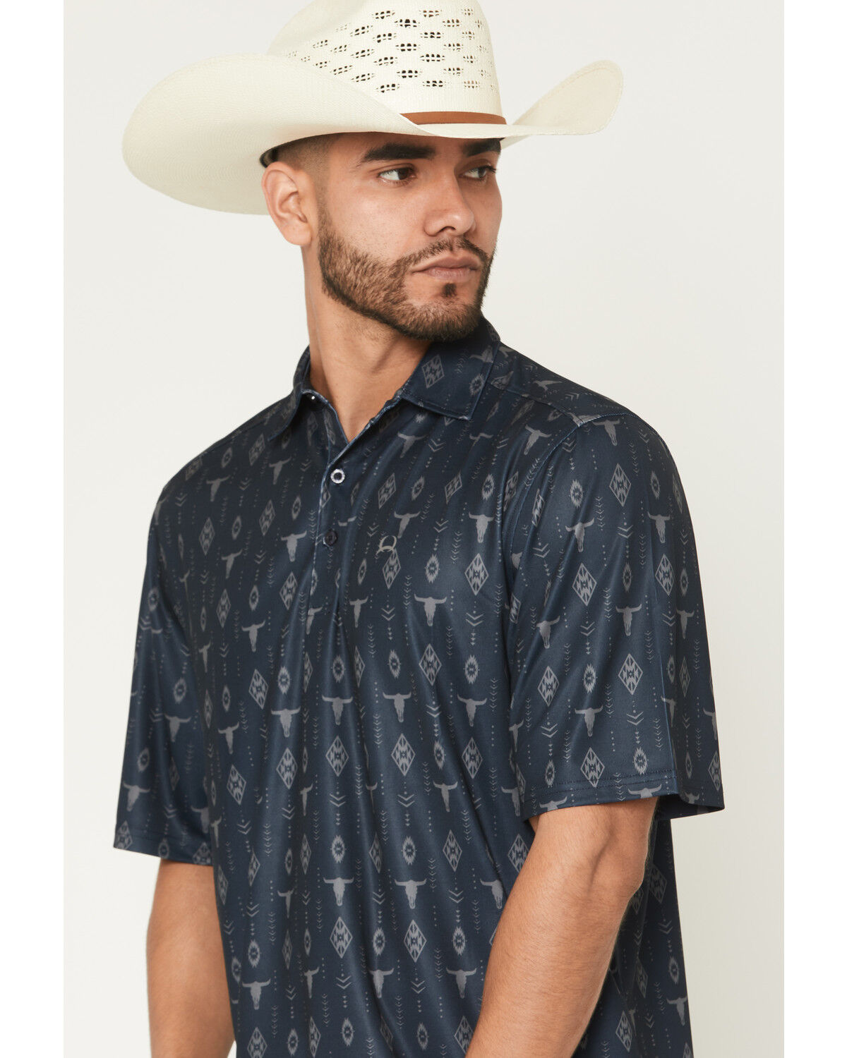 Image #2 - Cinch Men's Steerhead Print Short Sleeve Button-Down Stretch Polo, Navy, hi-res