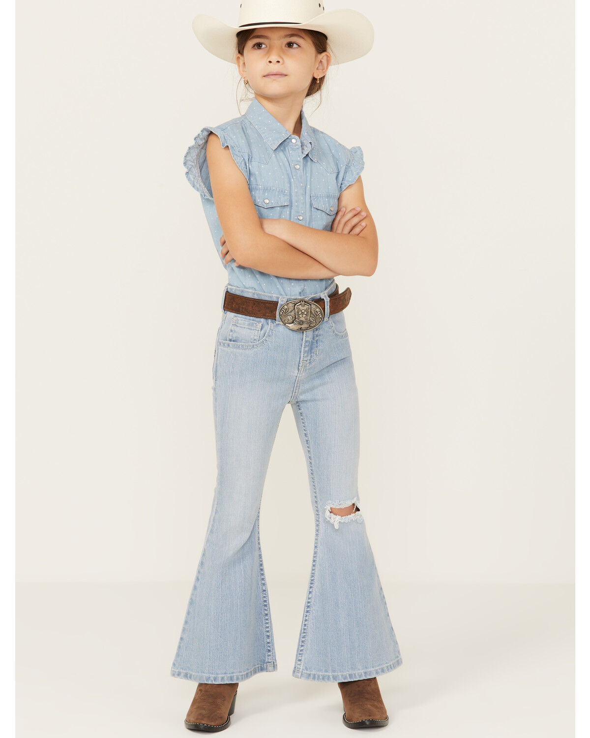 Image #1 - Shyanne Little Girls' Destructed Knee Flare Jeans, Light Wash, hi-res