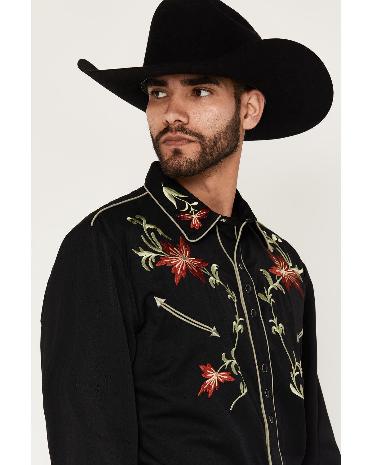 Image #2 - Scully Men's Floral Embroidered Vintage Long Sleeve Snap Western Shirt, Black, hi-res