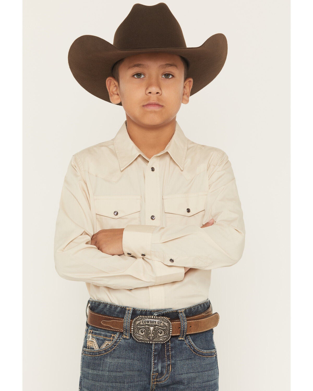 Image #1 - Gibson Trading Co Boys' Solid Basic Long Sleeve Pearl Snap Western Shirt, Tan, hi-res