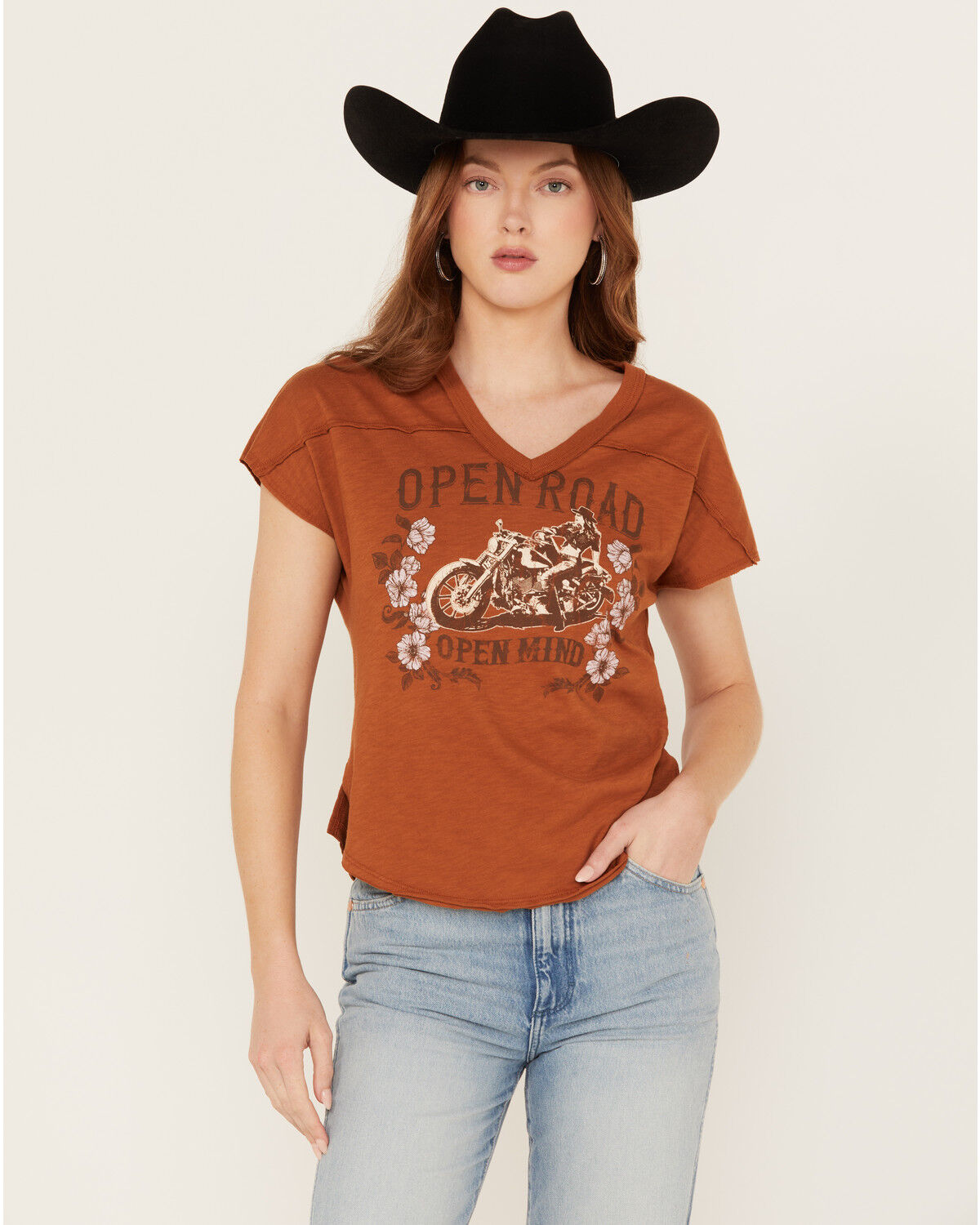 Image #1 - Shyanne Women's Open Road V Neck Graphic Tee, Caramel, hi-res