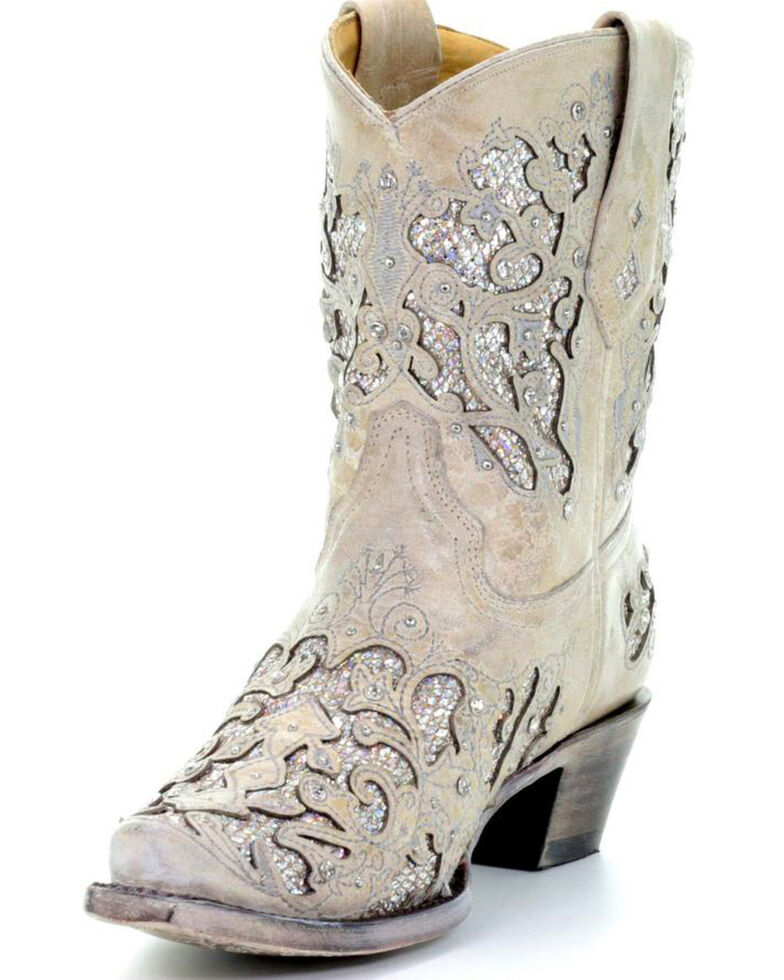 Corral Women's Metallic Glitter Inlay & Crystal Boots - Snip Toe, White, hi-res