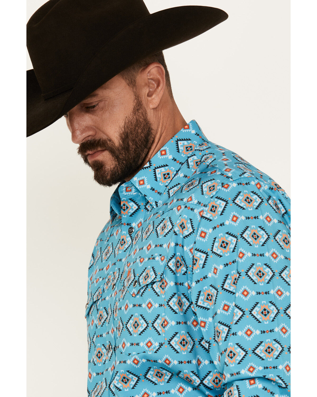 Image #2 - Rodeo Clothing Men's Boot Barn Exclusive Southwestern Print Long Sleeve Snap Western Shirt, Turquoise, hi-res