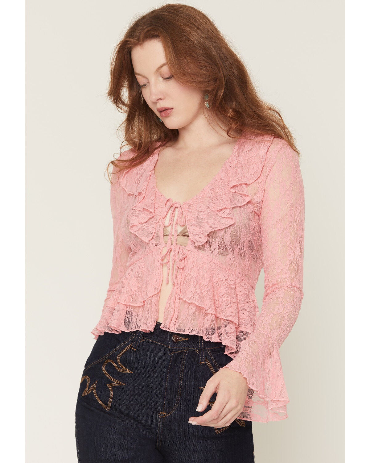 Ash & Violet Women's Lace Tie-Front Long Sleeve Top, Pink, hi-res
