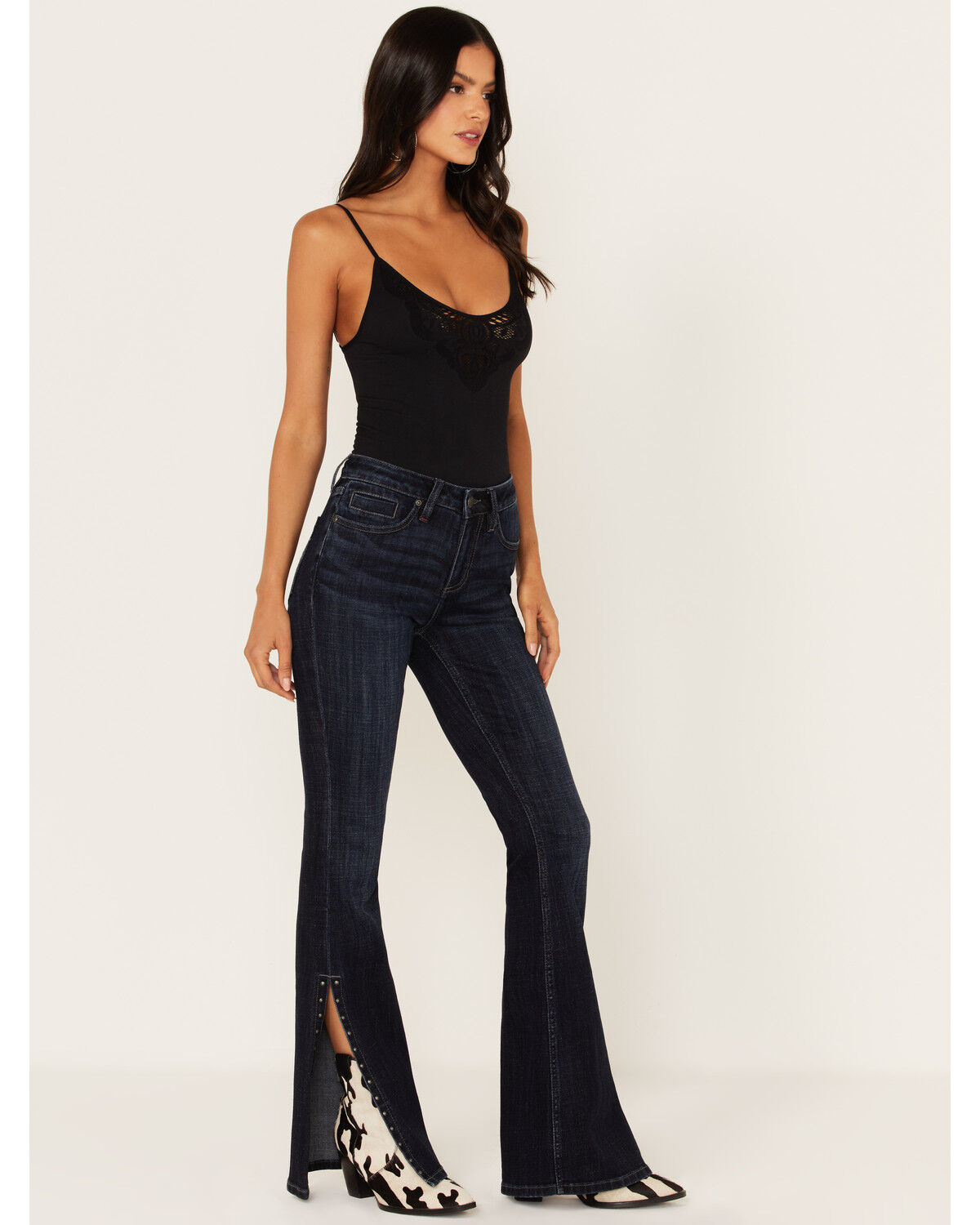 Image #1 - Idyllwind Women's Elliston Dark Wash Mid Rise Studded Slit Bootcut Jeans, Dark Wash, hi-res