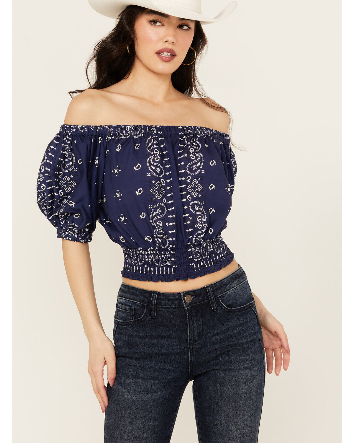 Image #1 - Beyond The Radar Women's Bandana Print Cropped Top, Navy, hi-res
