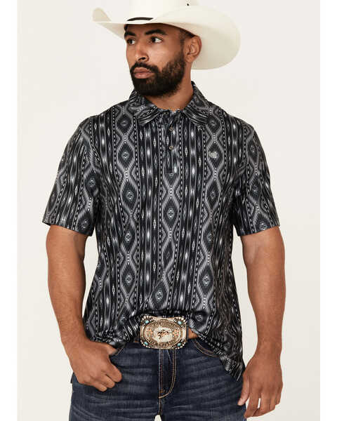 Panhandle Men's Southwestern Print Short Sleeve Performance Polo Shirt , Black, hi-res