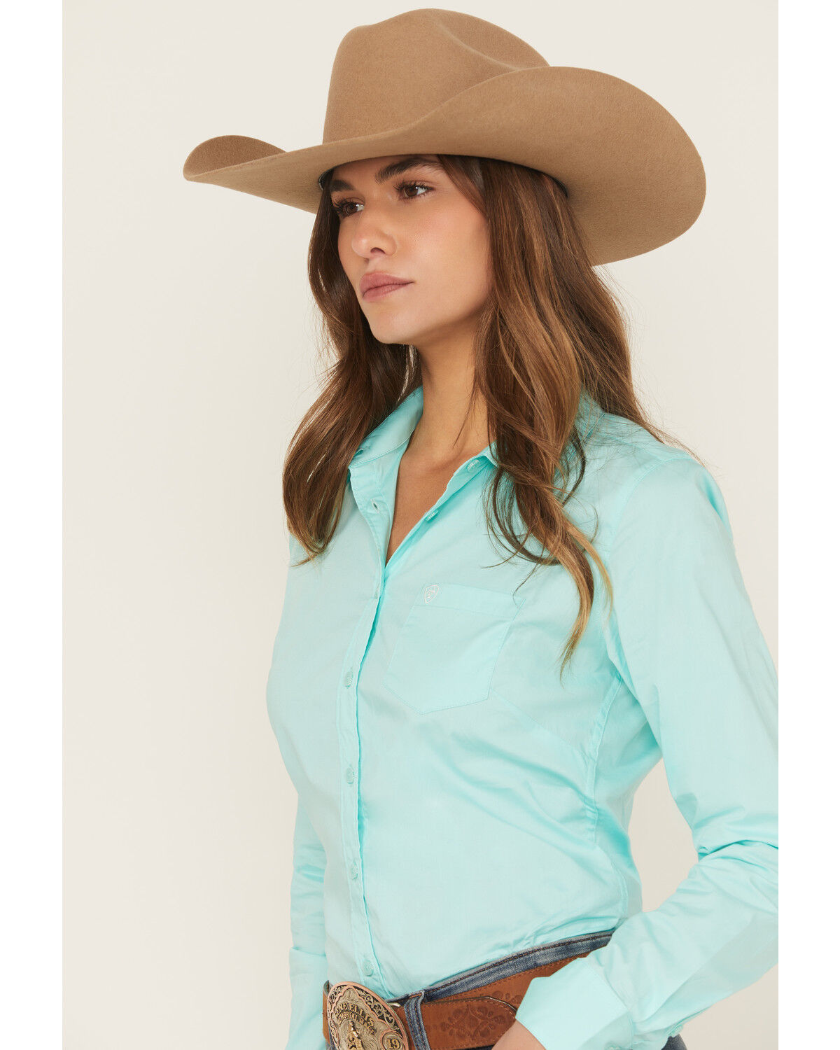 Image #2 - Ariat Women's Boot Barn Exclusive Solid Kirby Long Sleeve Button-Down Stretch Western Shirt, Blue, hi-res