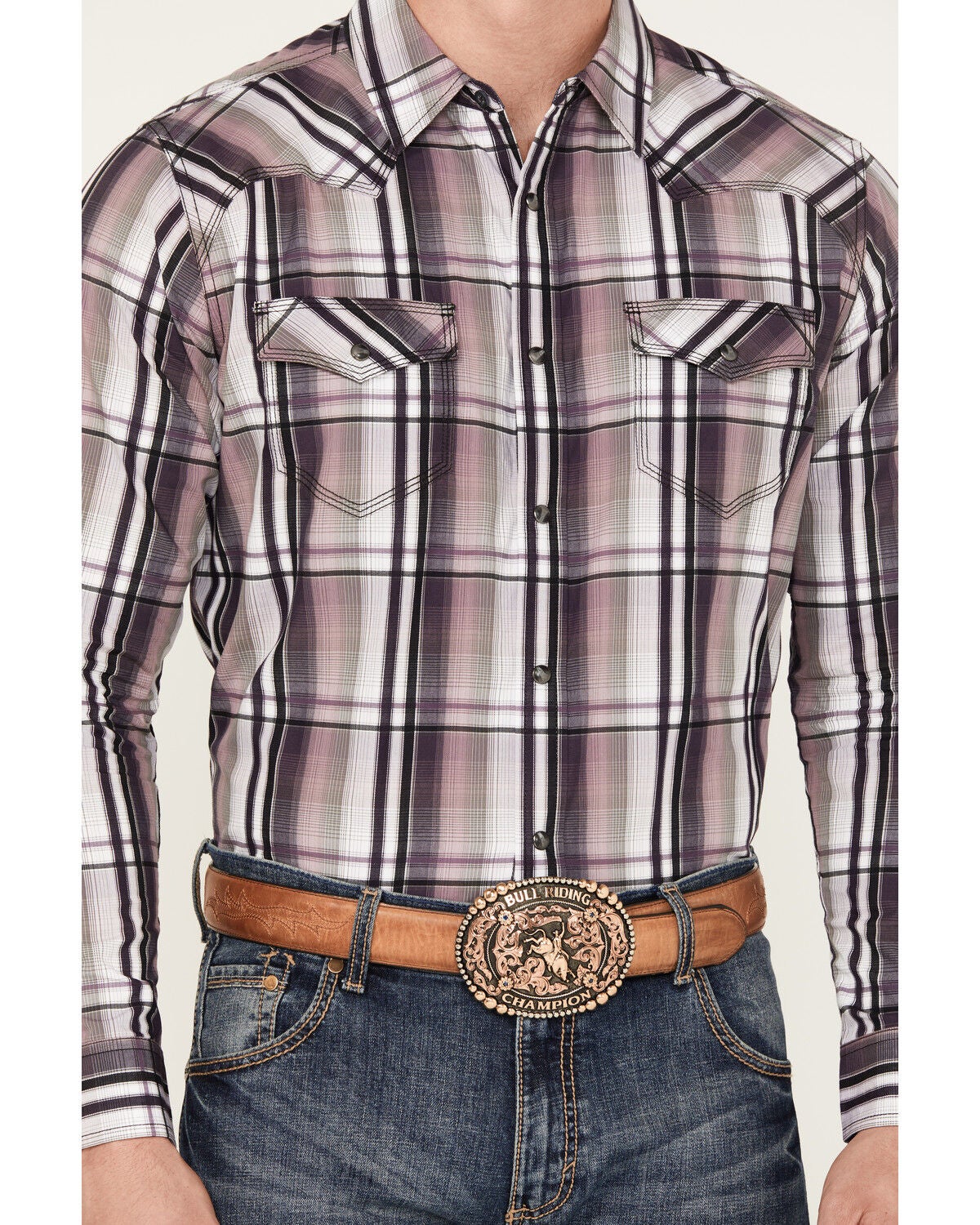 Image #3 - Moonshine Spirit&reg; Men's Back Stage Plaid Print Long Sleeve Snap Western Shirt, Purple, hi-res