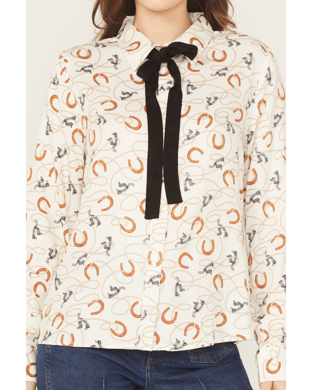 Image #3 - Wrangler Retro Women's Horseshoe Print Neck Tie Long Sleeve Button-Down Western Shirt, White, hi-res