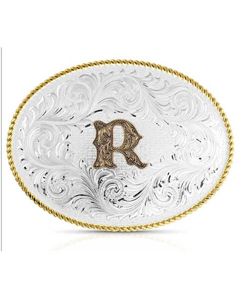 Montana Silversmiths Classic Western Oval Two-Tone Initial Belt Buckle - R, Silver, hi-res
