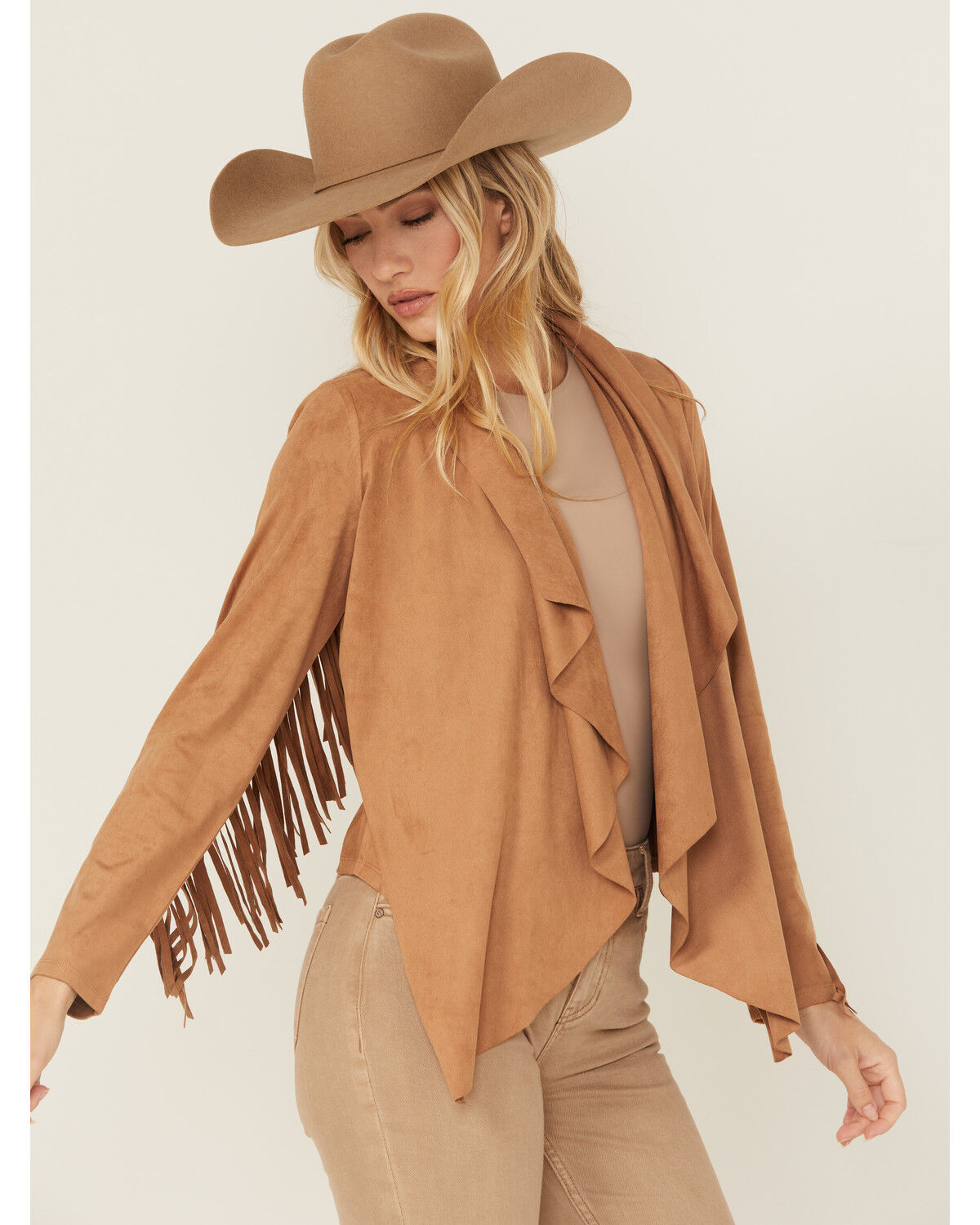 Image #2 - Shyanne Women's Faux Suede Cascade Front Fringe Jacket, Tan, hi-res