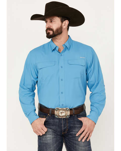 Image #1 - Ariat Men's VentTEK Outbound Solid Classic Fit Long Sleeve Button-Down Western Shirt, Steel Blue, hi-res