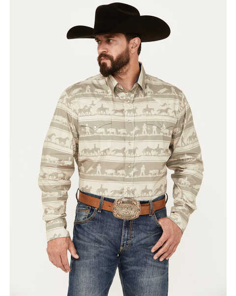 Roper Men's Vintage Horse & Cow Striped Print Long Sleeve Pearl Snap Western Shirt, Sand, hi-res