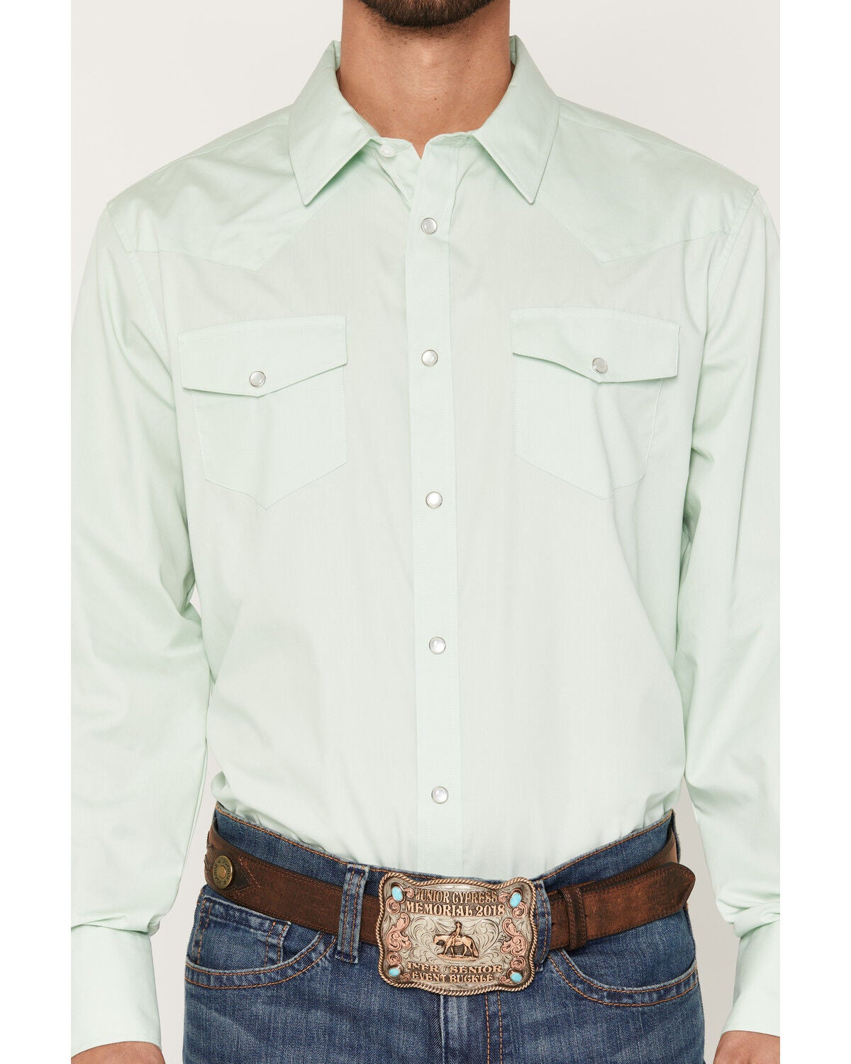 Image #3 - Gibson Trading Co Men's Basic Solid Long Sleeve Snap Western Shirt, Sage, hi-res