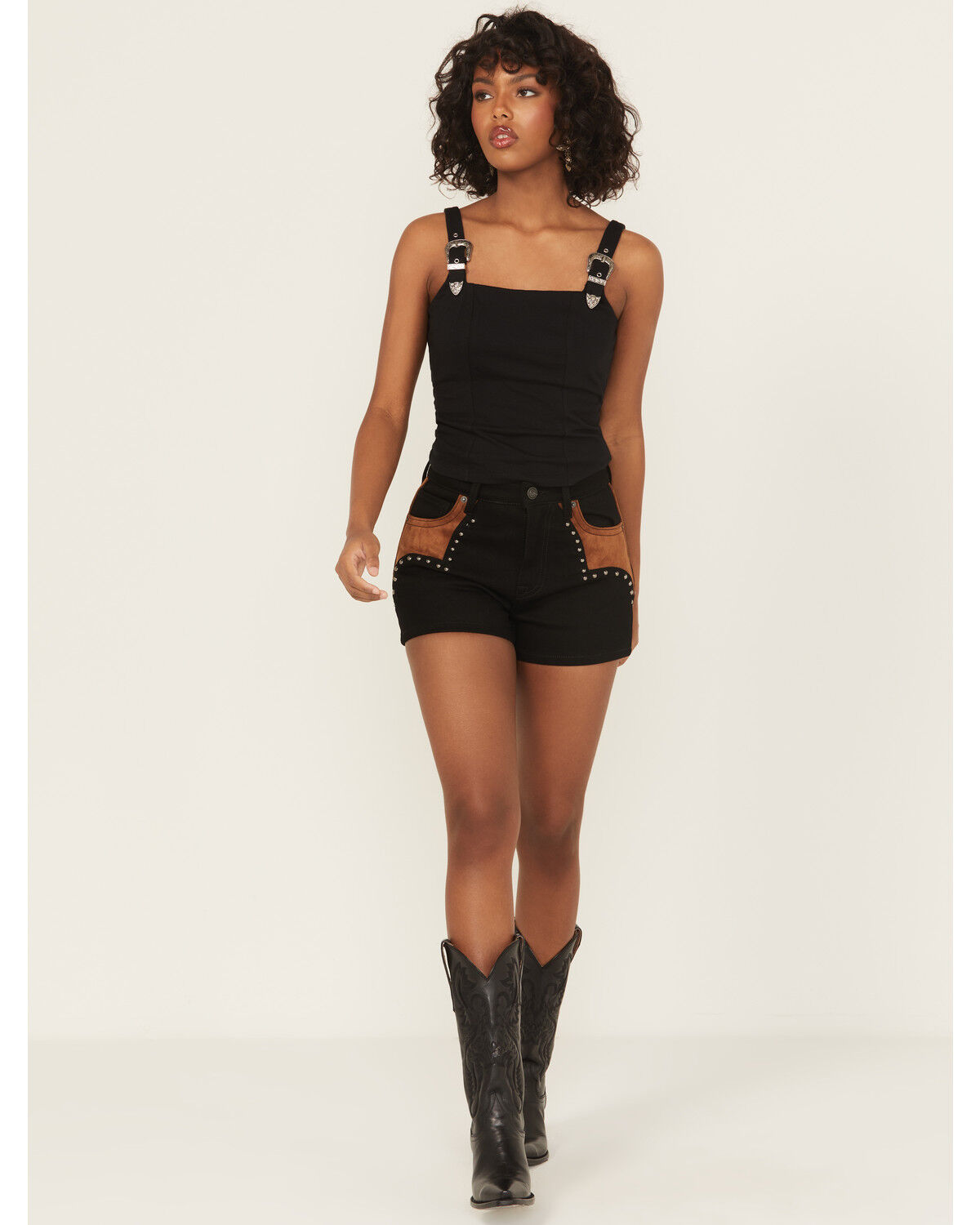 Image #1 - Rock & Roll Denim Women's Faux Suede High Rise Studded Shorts, Black, hi-res