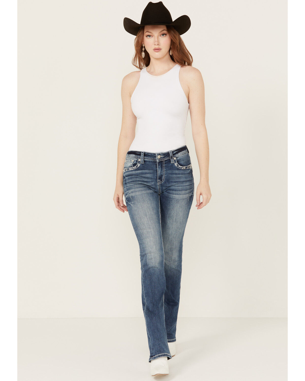 Image #3 - Grace In LA Women's Medium Wash Paisley Pocket Mid Rise Stretch Denim Jeans, Medium Wash, hi-res
