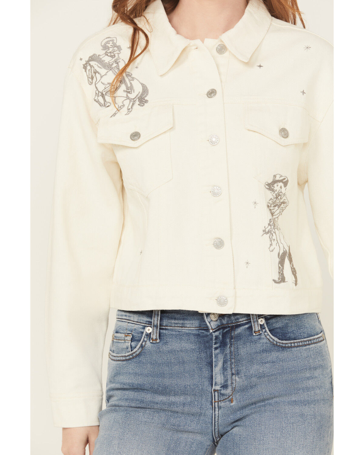 Image #3 - Blue B Women's Cowgirl Embroidered Denim Trucker Jacket, Cream, hi-res