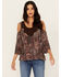 Image #1 - Shyanne Women's Printed Cold Shoulder Crochet Trim Top, Chocolate, hi-res