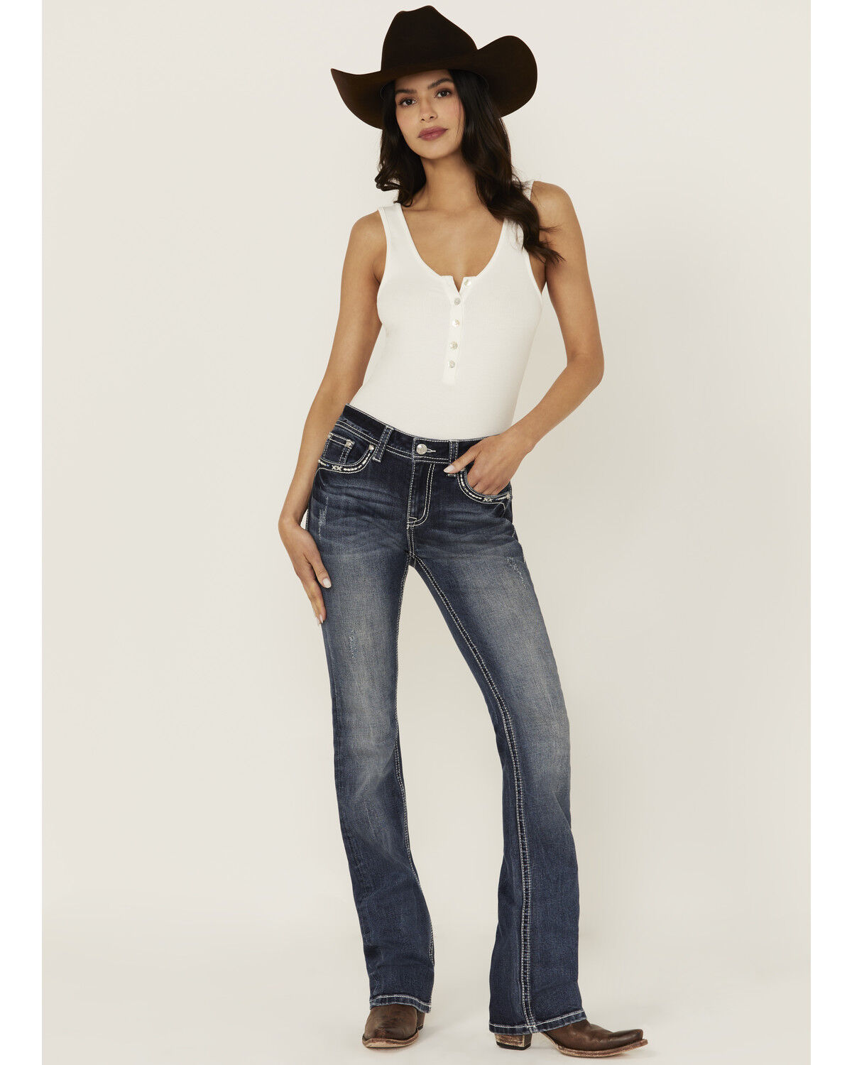 Image #3 - Grace in LA Women's Medium Wash Mid Rise Geo Pocket Bootcut Stretch Denim Jeans, Medium Wash, hi-res