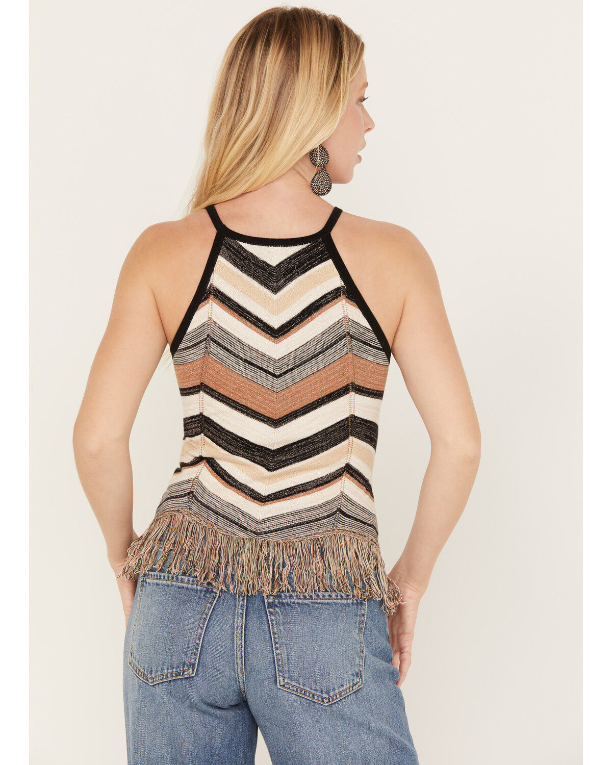 Image #4 - Shyanne Women's Zig Zag Fringe Halter Sweater Tank, Taupe, hi-res