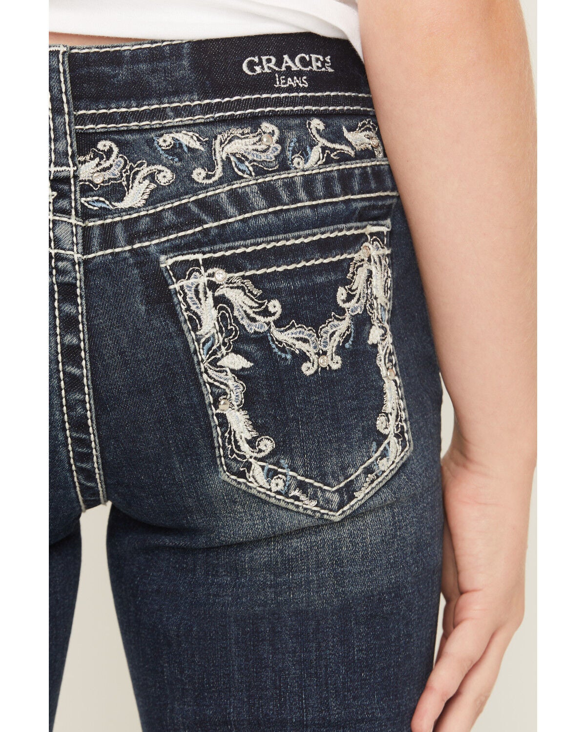 Image #2 - Grace in LA Girls' Embroidered Bootcut Stretch Denim Jeans, Medium Wash, hi-res