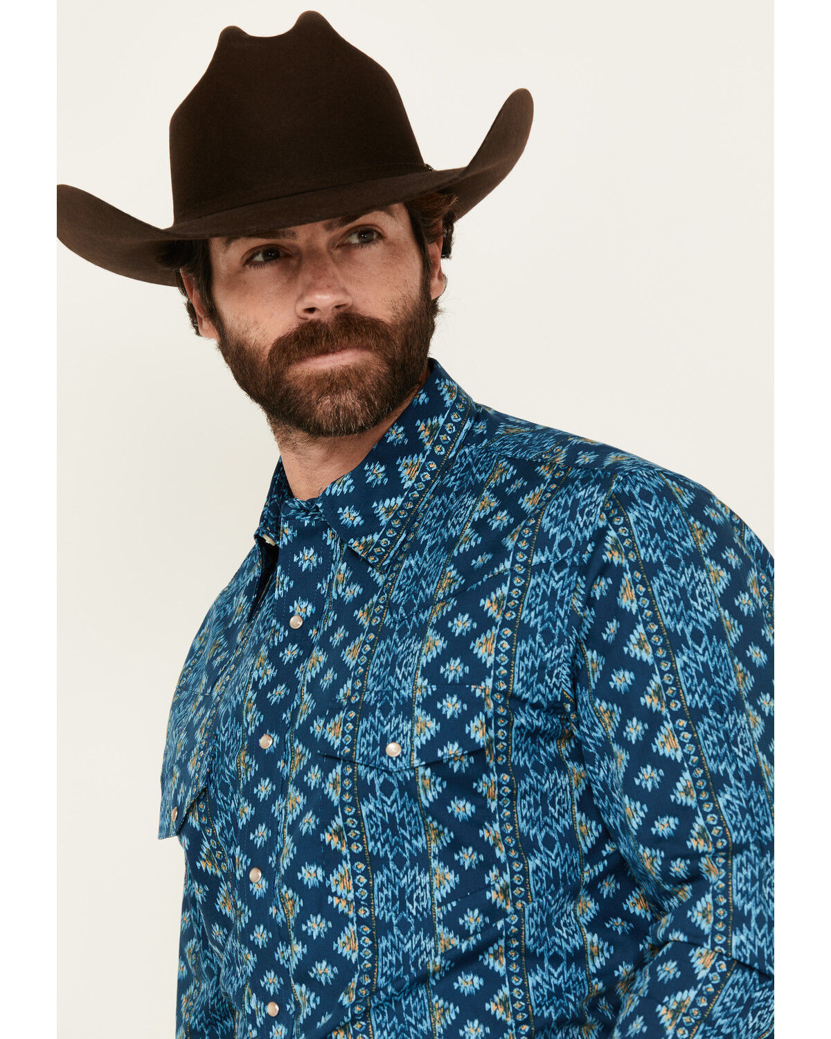Image #2 - Wrangler Men's Checotah Southwestern Striped Long Sleeve Pearl Snap Western Shirt, Blue, hi-res