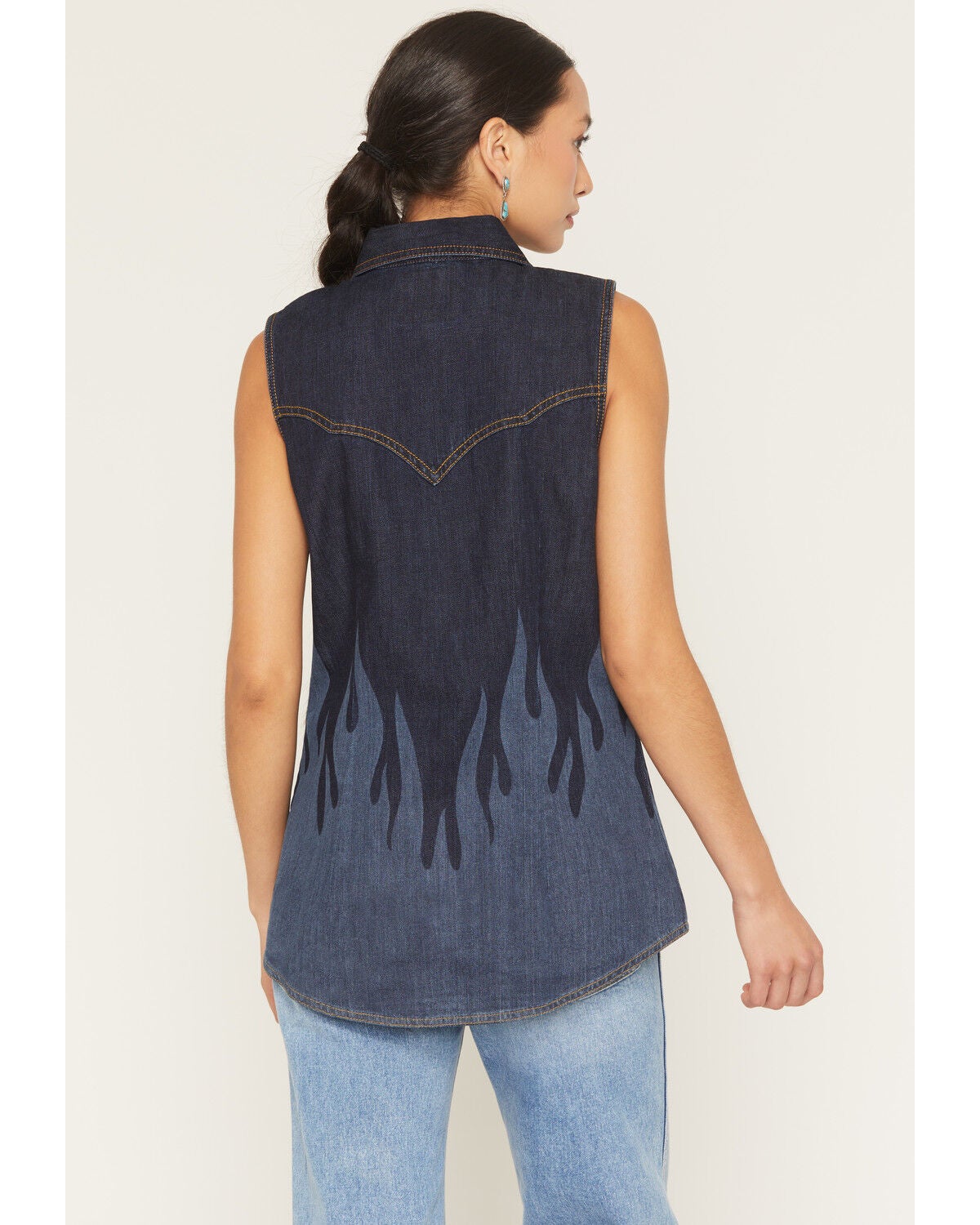 Image #4 - Wrangler X Lainey Wilson Women's Dark Wash Flame Denim Sleeveless Snap Western Shirt, Dark Wash, hi-res
