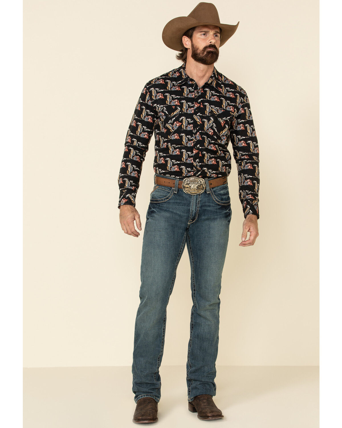Image #2 - Dale Brisby Men's Cactus Print Long Sleeve Snap Western Shirt, Black, hi-res