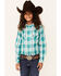 Image #1 - Ariat Girls' R.E.A.L Glacier Falls Dobby Plaid Print Long Sleeve Snap Western Shirt , Teal, hi-res