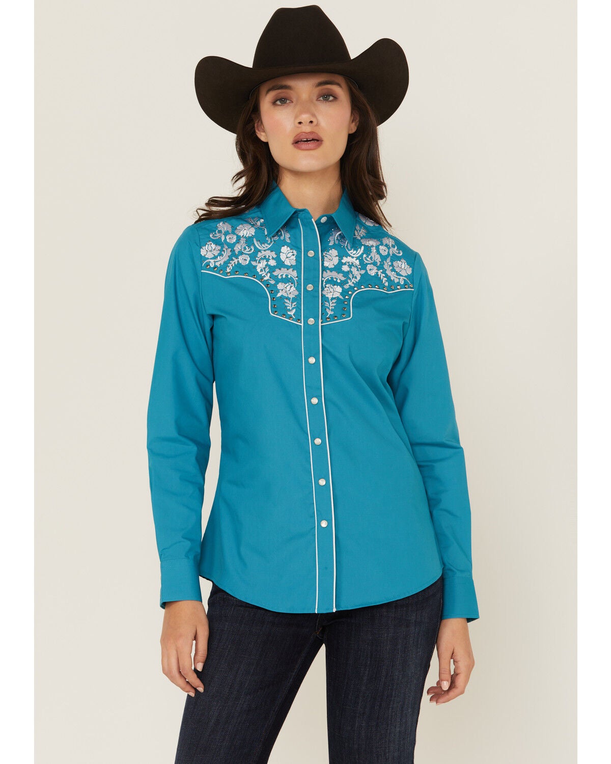 Rodeo Clothing Women's Embroidered Long Sleeve Snap Western Shirt, Turquoise, hi-res