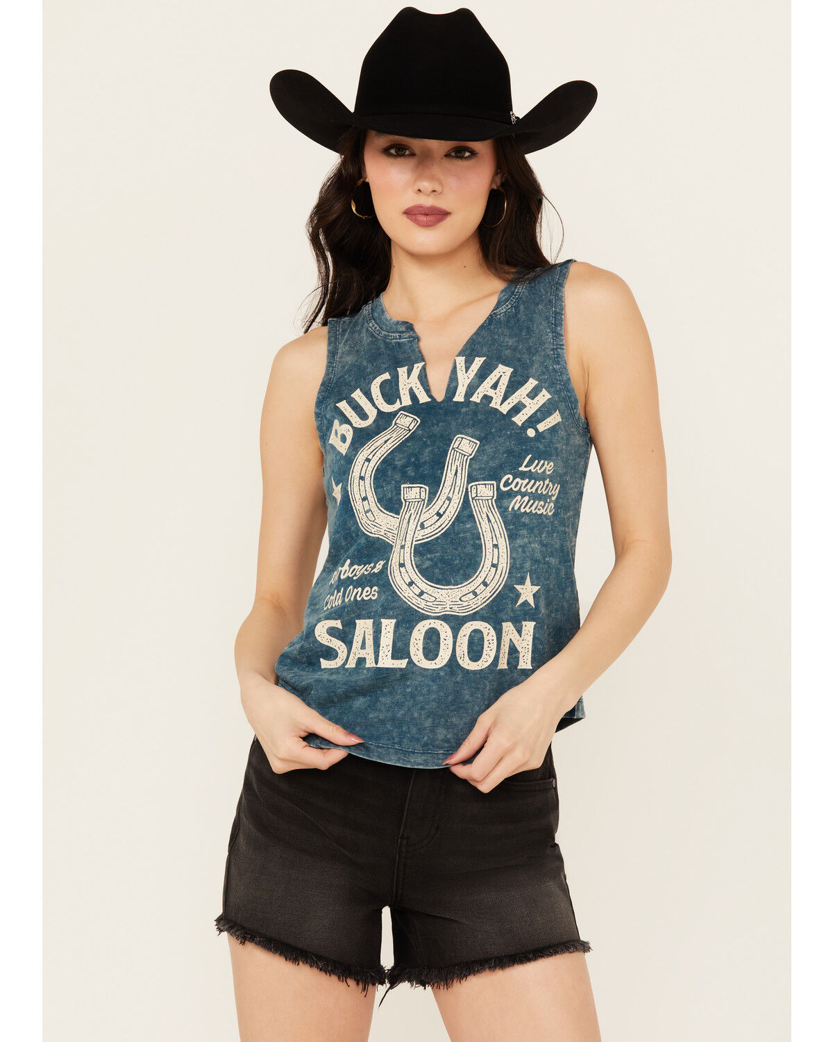 Image #1 - Shyanne Women's Buck Yah Saloon Split Neck Graphic Tank, Dark Blue, hi-res