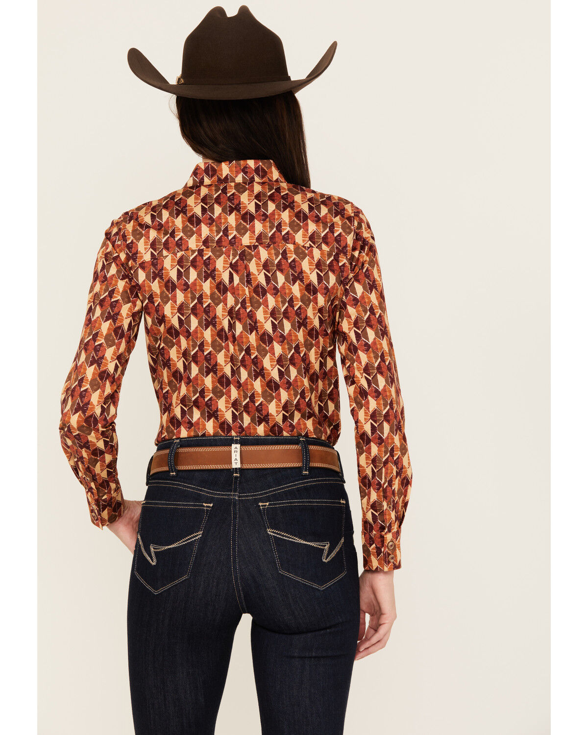 Image #4 - Shyanne Women's Diamond Printed Long Sleeve Button-Down Stretch Western Riding Shirt, Caramel, hi-res