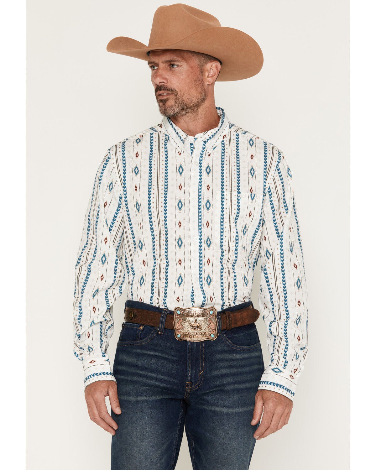 Image #1 - RANK 45&reg; Men's Apache RODEOTEK&trade; Southwestern Striped Long Sleeve Button-Down Stretch Western Shirt, Cream, hi-res