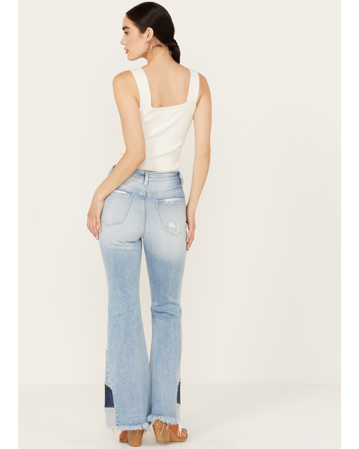 Image #3 - Ceros Women's Light Wash High Rise Destructed Patchwork Flare Stretch Jeans, Light Wash, hi-res