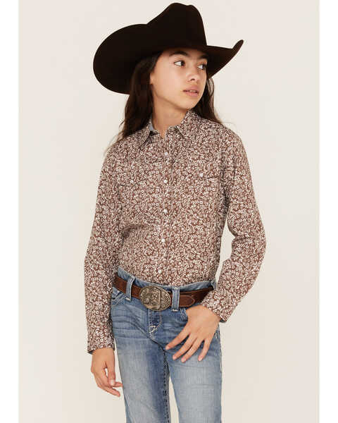 Roper Girls' West Made Floral Print Long Sleeve Western Pearl Snap Shirt, Brown, hi-res