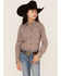 Image #1 - Roper Girls' West Made Floral Print Long Sleeve Western Pearl Snap Shirt, Brown, hi-res