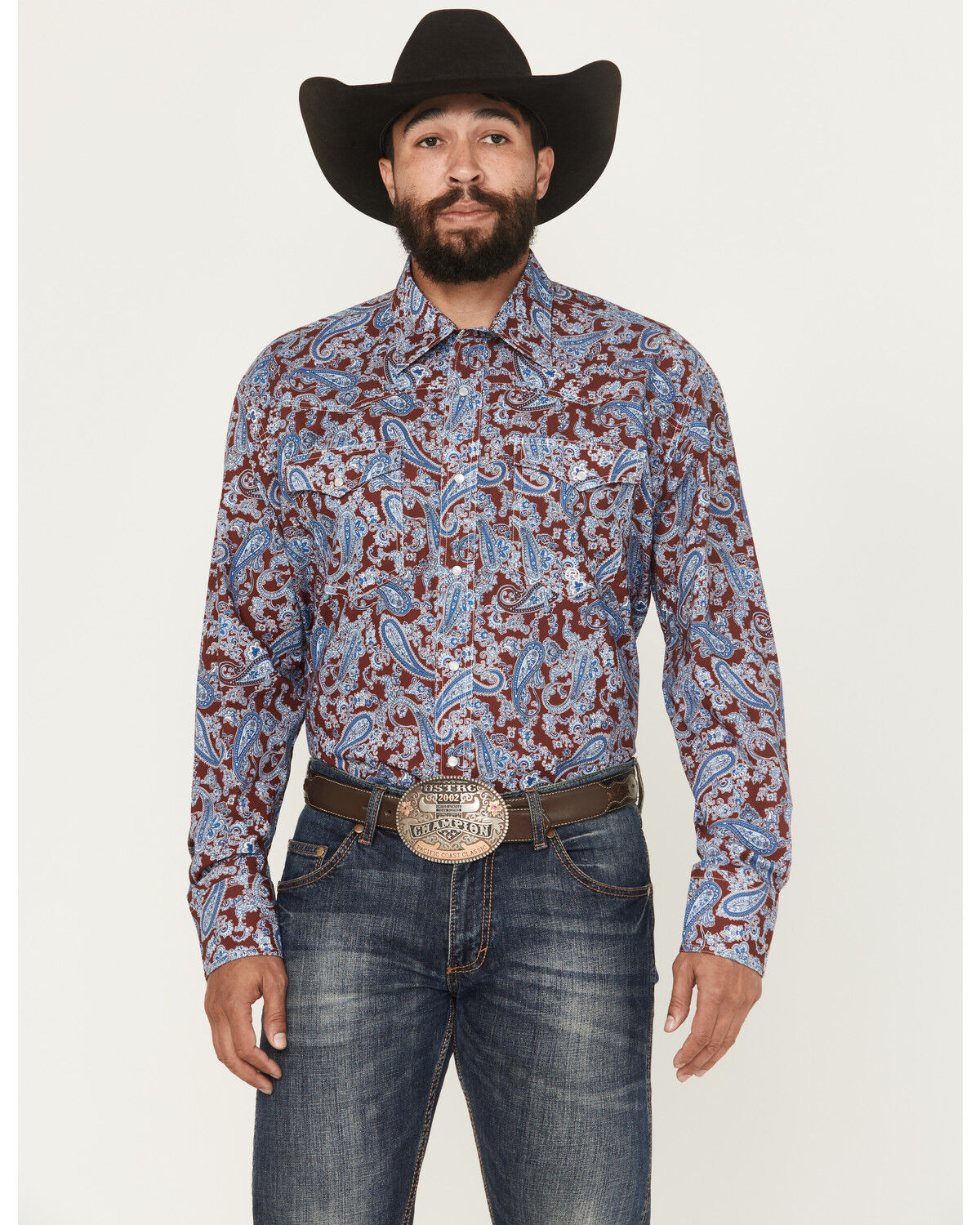 Image #1 - Roper Men's Paisley Print Long Sleeve Snap Western Shirt, Wine, hi-res
