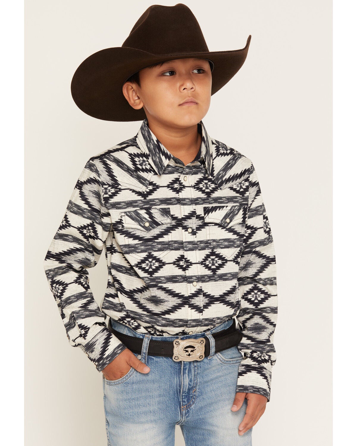 Image #2 - Cody James Boys' Tiki Room Southwestern Striped Long Sleeve Snap Stretch Western Shirt, Blue, hi-res
