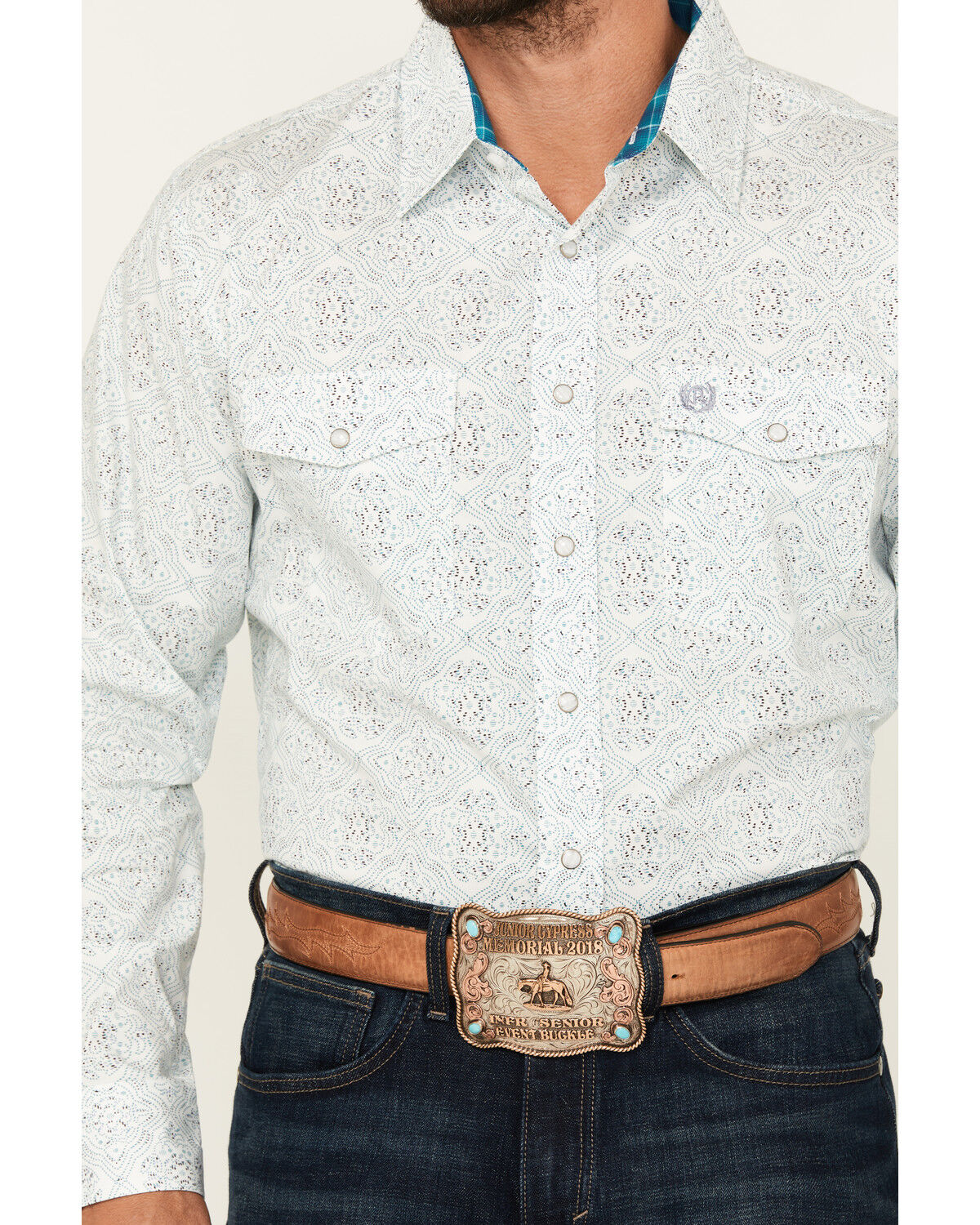 Image #3 - Panhandle Select Men's Medallion Print Long Sleeve Snap Stretch Western Shirt, White, hi-res