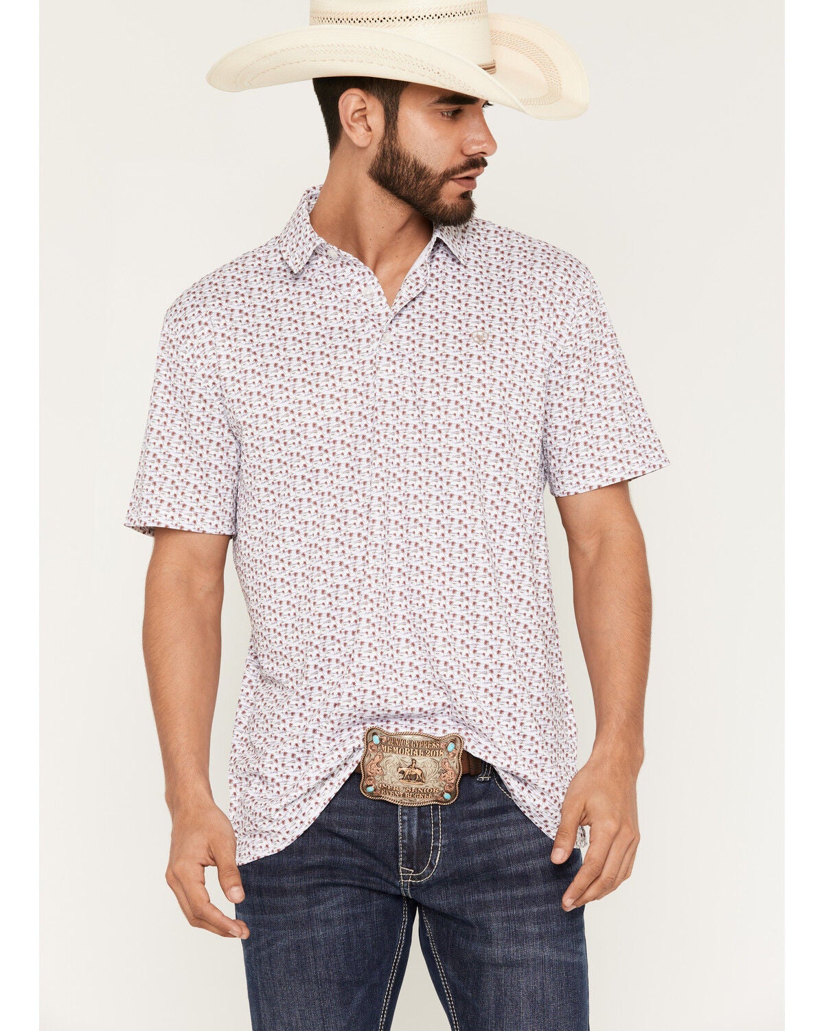 Ariat Men's All Over Palm Tree Print Classic Fit Polo, White, hi-res