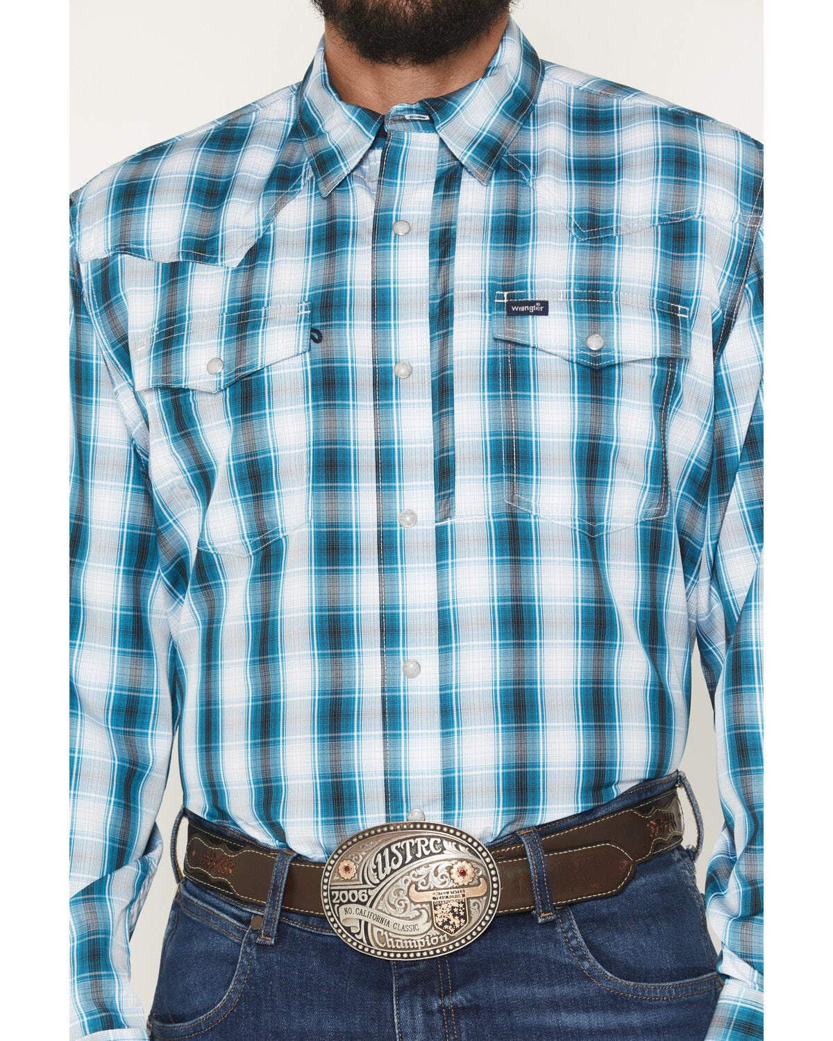 Image #3 - Wrangler Men's Plaid Print Long Sleeve Snap Performance Western Shirt, Teal, hi-res