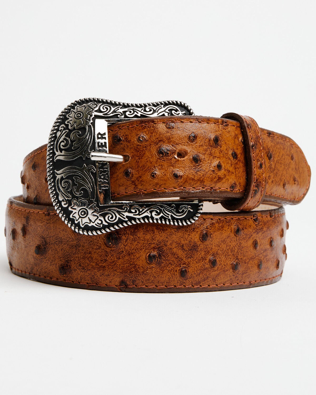 Image #1 - Tanner Mark Men's Broken Arrow Ostrich Print Leather Belt, Cognac, hi-res