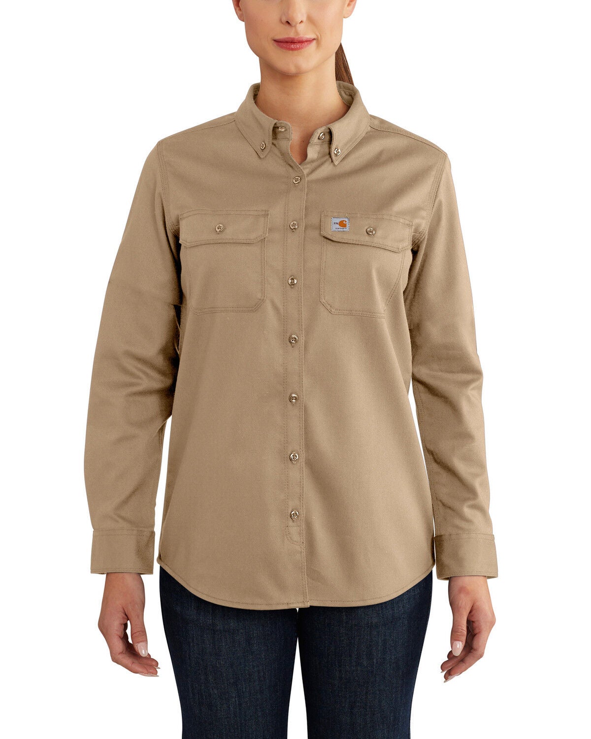 Carhartt Women's FR Solid Rugged Flex&reg; Long Sleeve Button-Down Work Shirt, Beige/khaki, hi-res